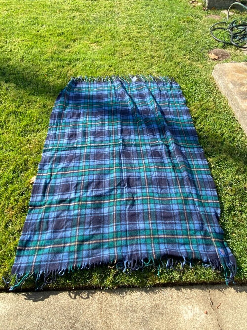 Vintage Pendleton Blue and Green Plaid Fringe 100% Virgin Blanket 67 x 51